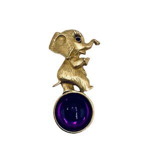 Vintage Circus Elephant Balancing Purple Jelly Belly Ball Gold Tone & Rhinestone